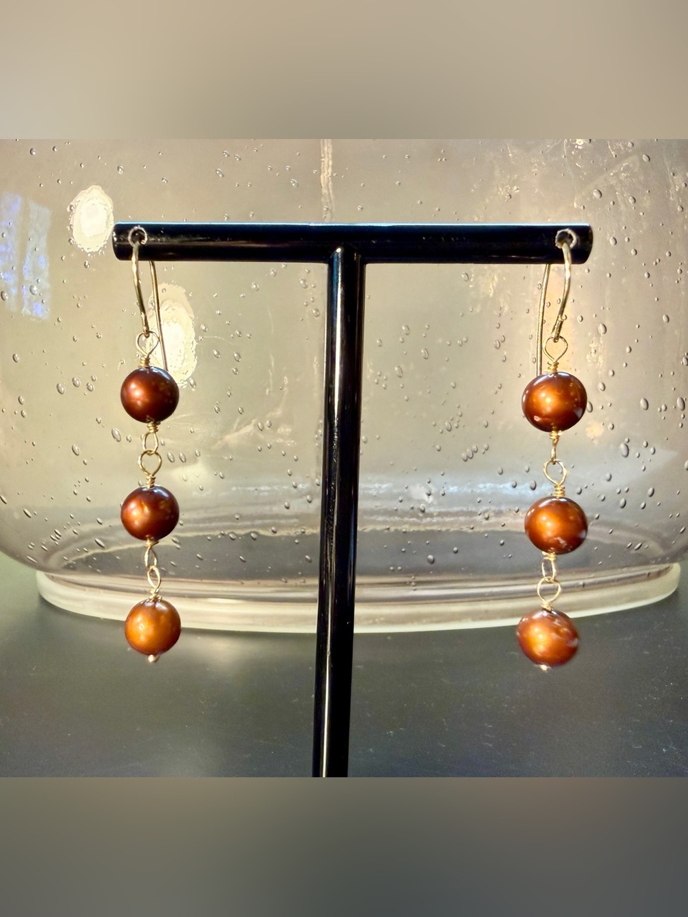 Y2K Bronze Toned Faux Pearl Triple Drop Earrings